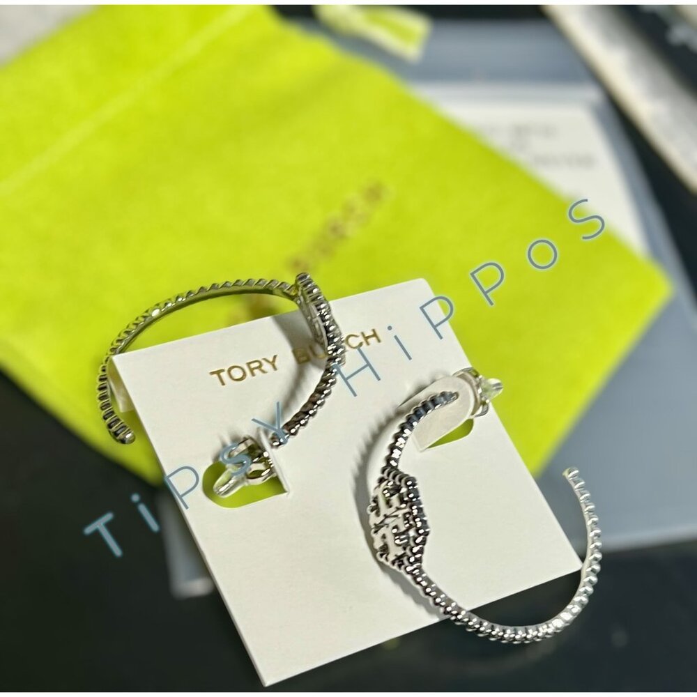 Tory Burch Silver Hexagon Logo Hoop Earrings - Picture 5 of 6